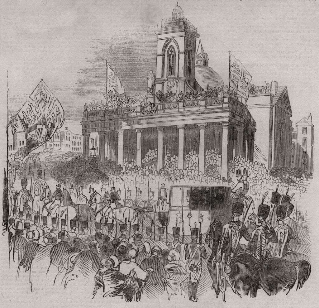 Queen Victoria passing the market place, Northampton. Northamptonshire, 1844