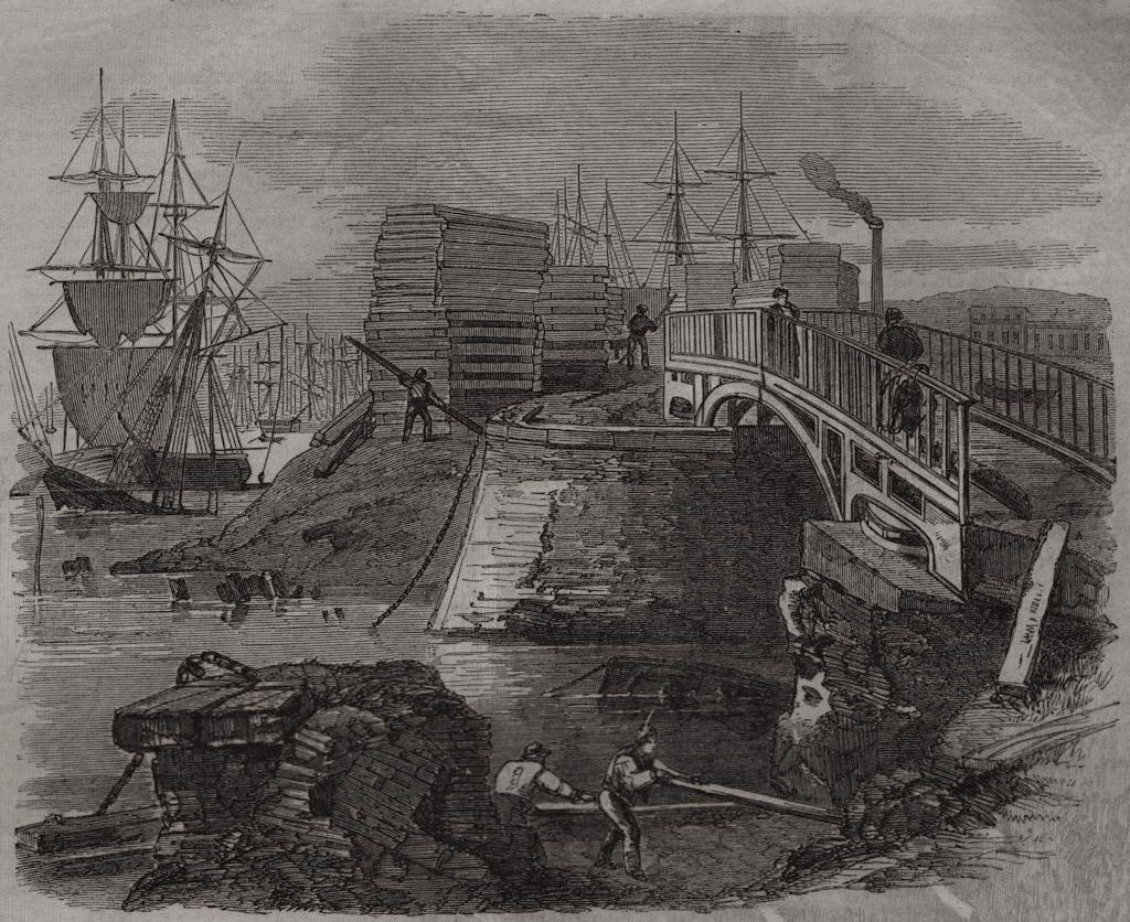 The scene of the recent accident at the West India Docks. London, print, 1856