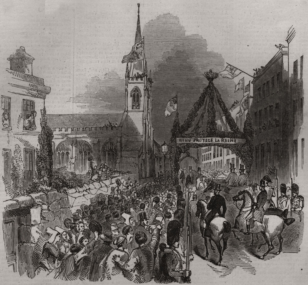 Queen Victoria passing St. Mark's Church, Jersey. Channel Islands, print, 1846
