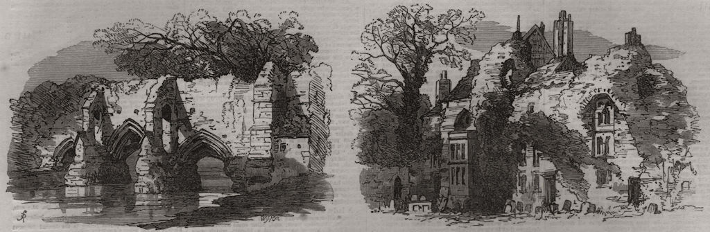 Associate Product Bury St Edmunds. The Abbot's Bridge; ruins in the churchyard. Suffolk, 1867