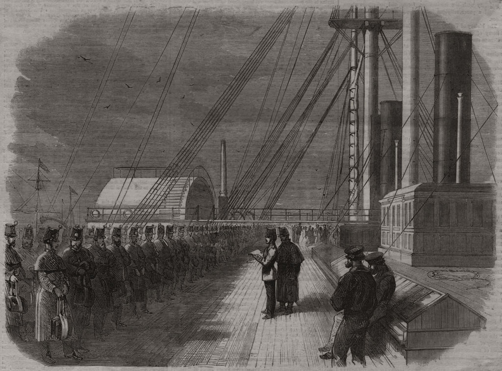 Rollcall on SS Great Eastern in the Mersey with troops for Canada, print, 1861