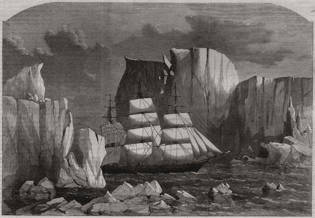 The George Thompson leaving the icebergs in the Antarctic Ocean, old print, 1868