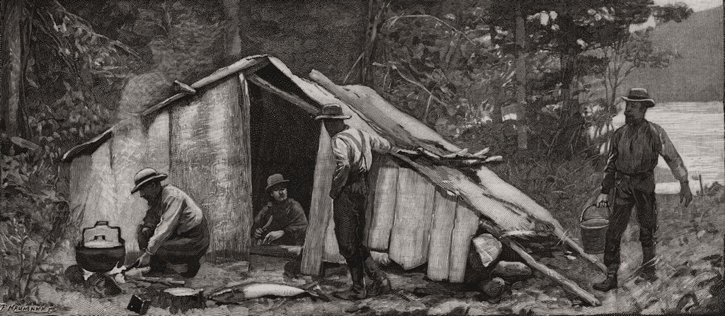 Associate Product Salmon-fishing in North America. Birch bark camp of anglers. New Brunswick, 1890