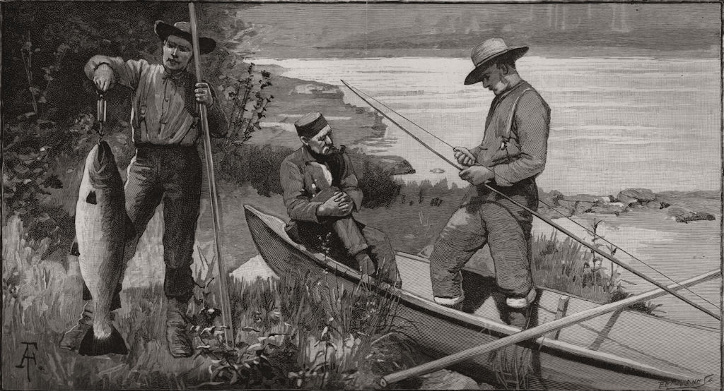 Associate Product Salmon-fishing on the Miramichi: mending a rod. New Brunswick, old print, 1890