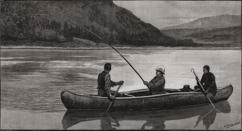 Associate Product Salmon-fishing. Off for a run on the Restigouche. New Brunswick, old print, 1890
