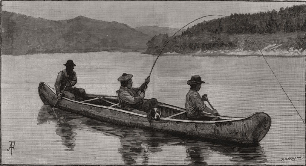 Associate Product Salmon-fishing in North America. Giving him the butt. New Brunswick, print, 1890