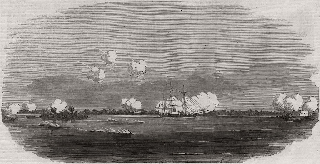 Associate Product The "Magicienne" attacking the Russian forts in Hango Bay. Finland, print, 1854