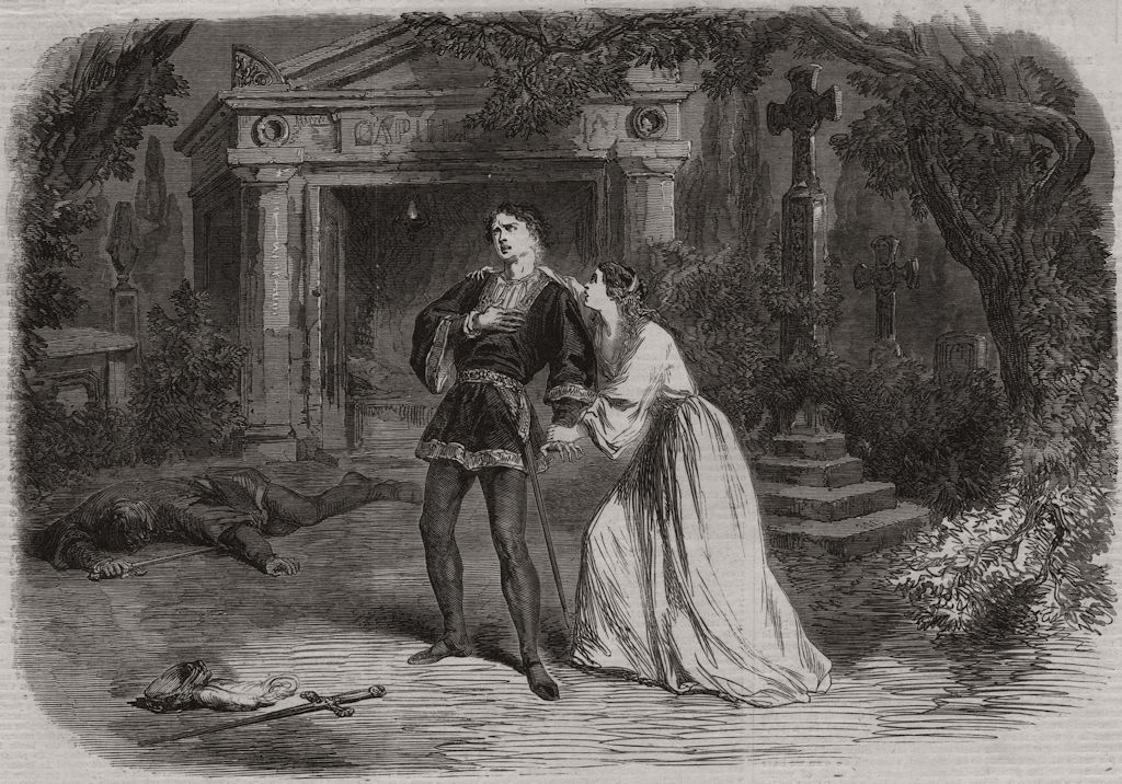 Scene from Romeo & Juliet performed in the festival pavilion. Shakespeare 1864