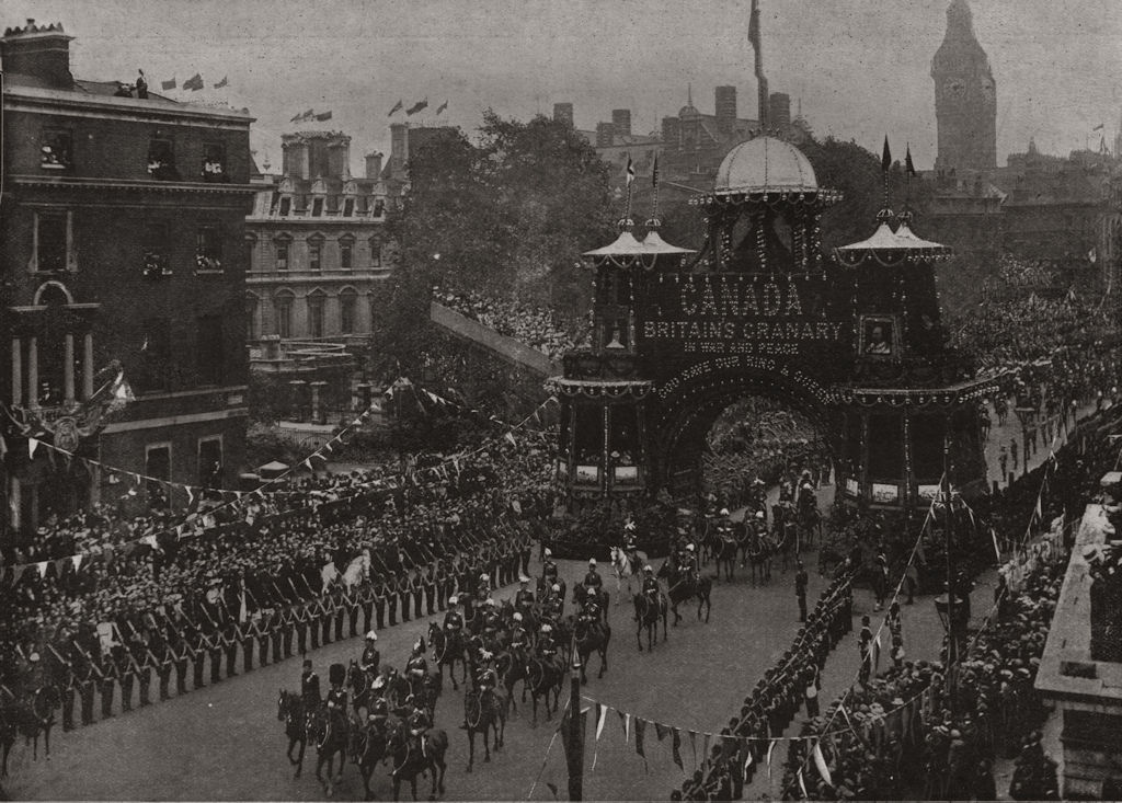 Associate Product Coronation day: HQ staff passing the Canadian arch. London, antique print, 1902
