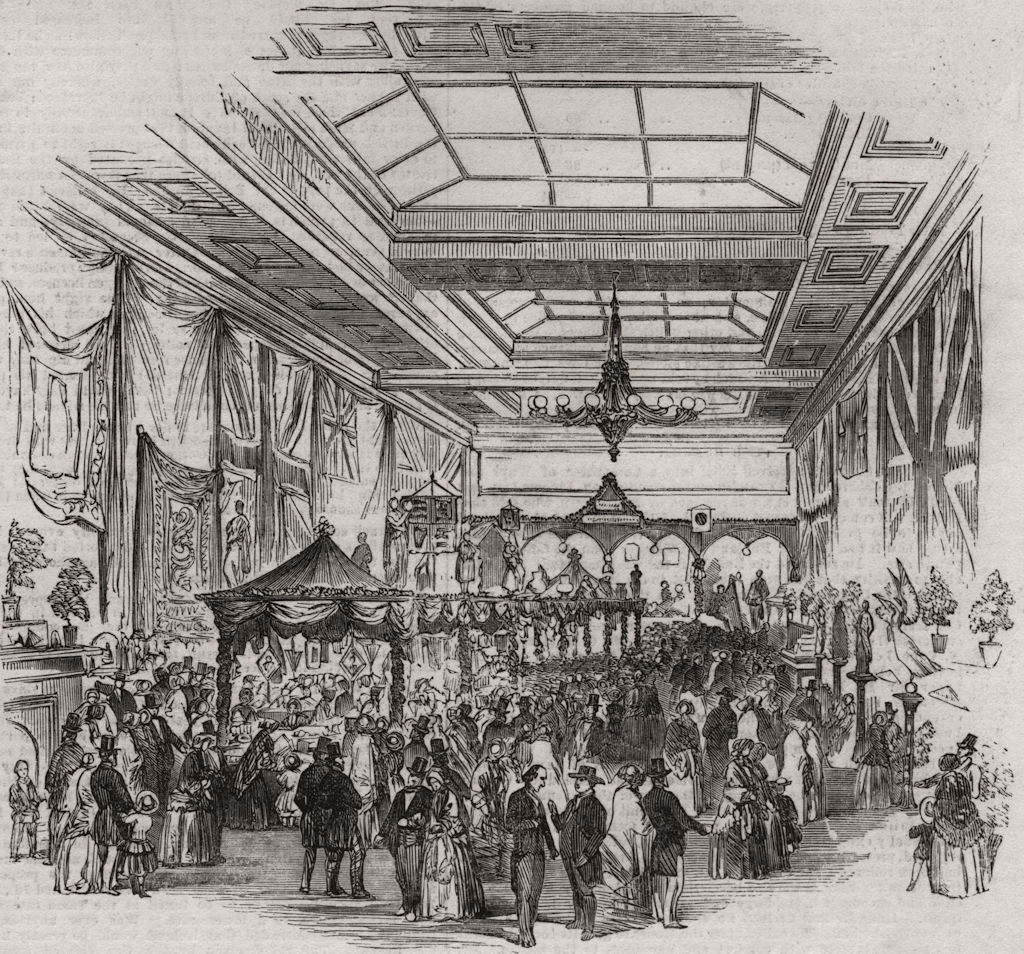 "Ocean Penny Postage" bazaar, at Manchester. Lancashire 1853 old antique print