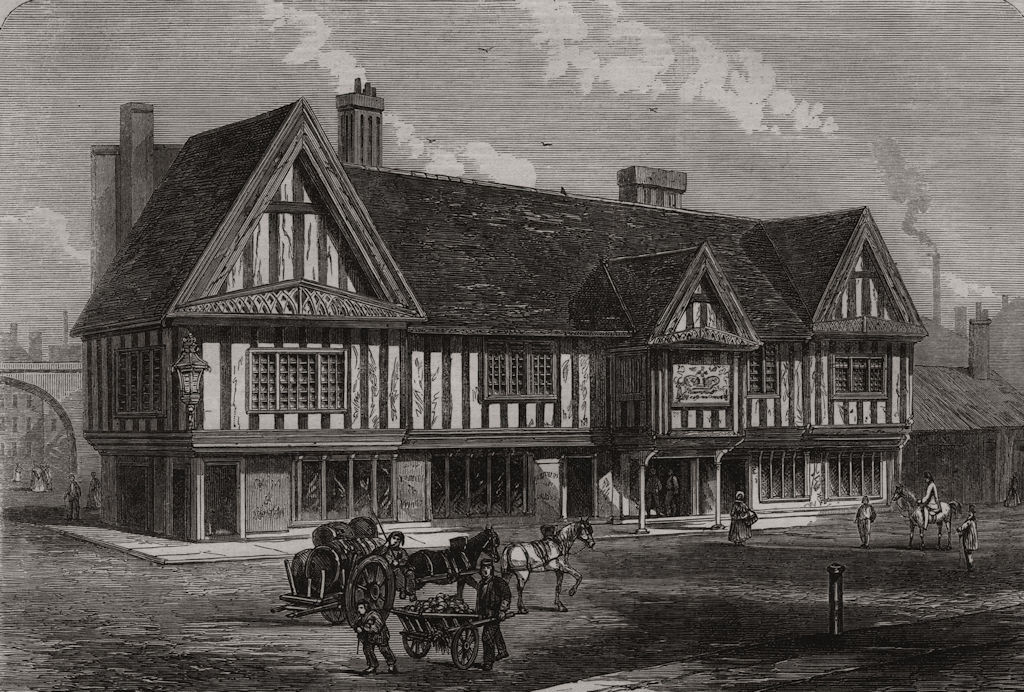 The old Crown House, Birmingham, antique print, 1865