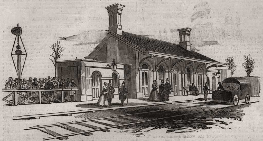 Opening of the Leamington & Warwick Railway. Kenilworth station, old print, 1844