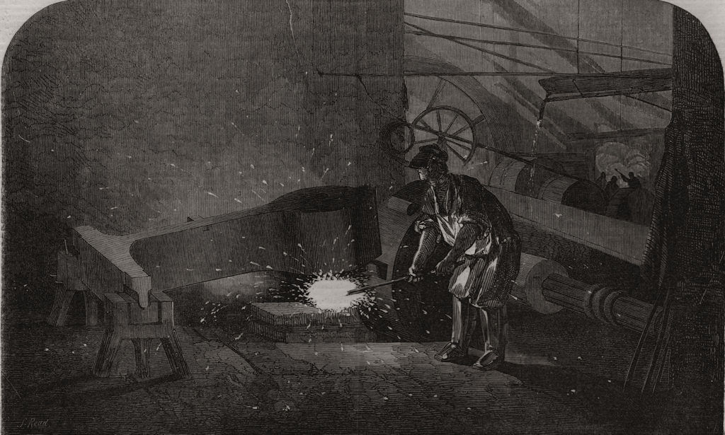 Associate Product The manufacture of gun barrels, at Birmingham. The steam hammer, old print, 1851