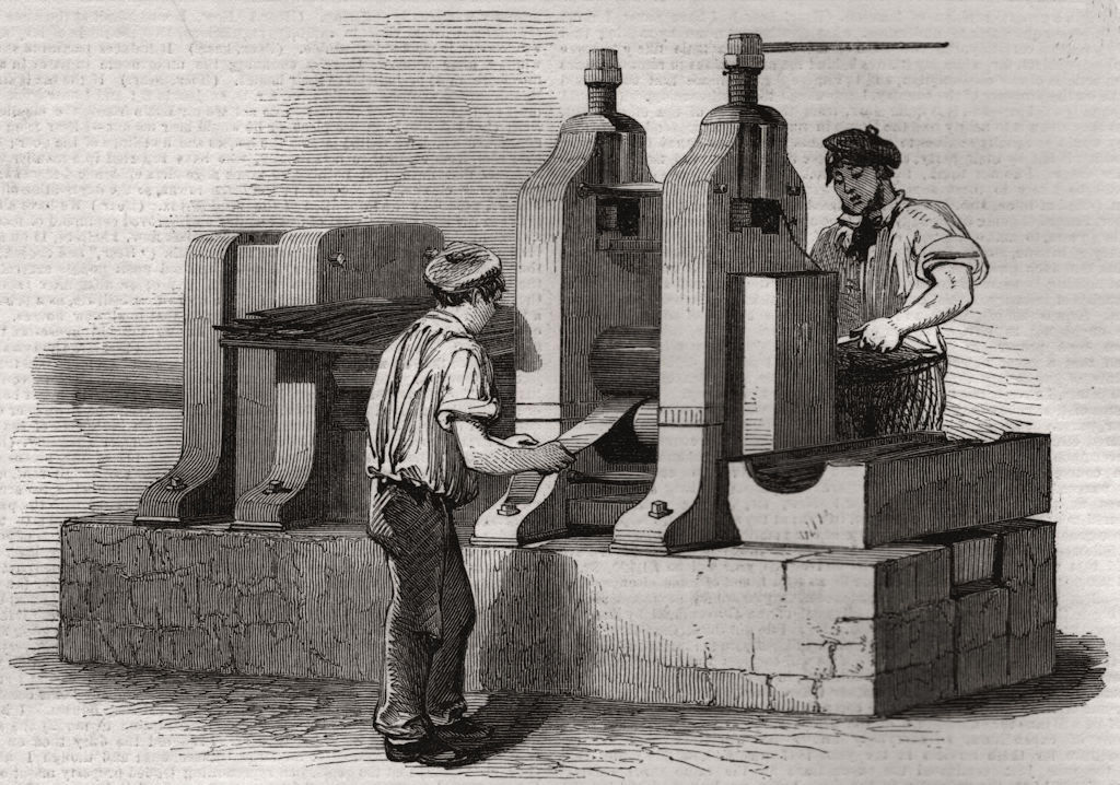 Associate Product The manufacture of steel pens in Birmingham. Rolling the steel for pens, 1851
