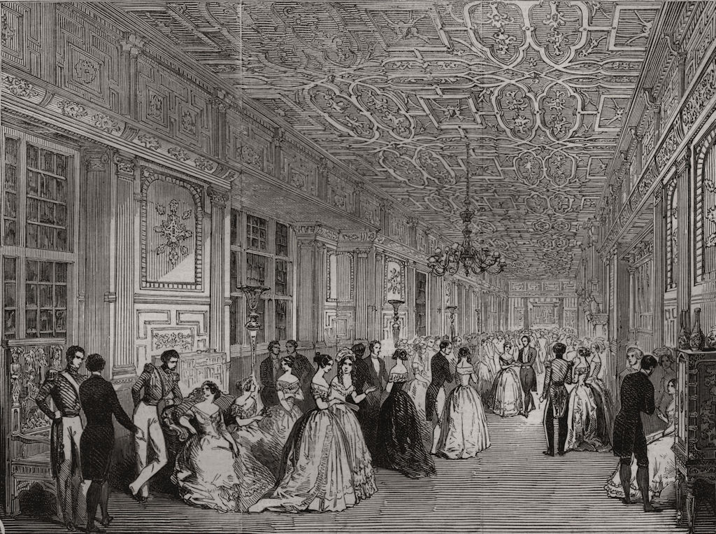 Associate Product Hatfield House. The Grand Ball in the corridor, Long Gallery, old print, 1846