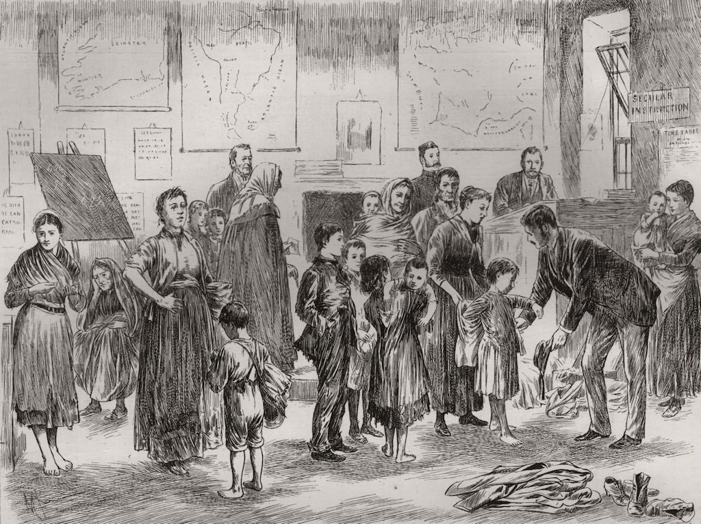 Associate Product Clothing poor children in a west of Ireland schoolhouse, antique print, 1891