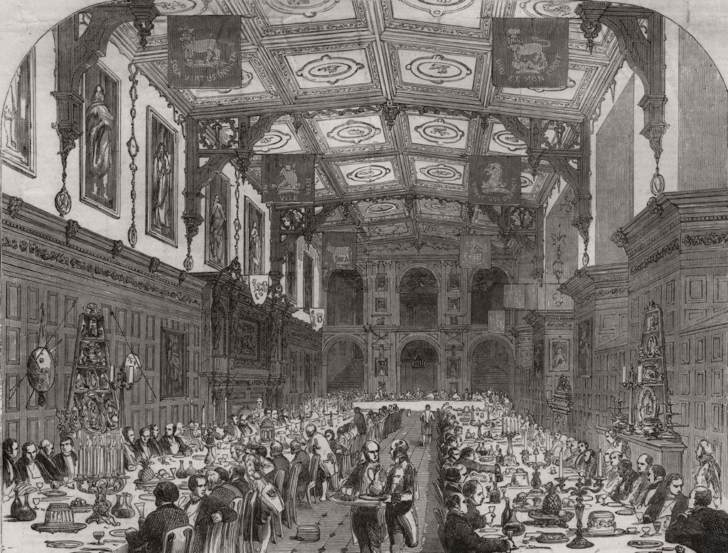 Associate Product Grand dinner in the hall at Audley End. Essex, antique print, 1852