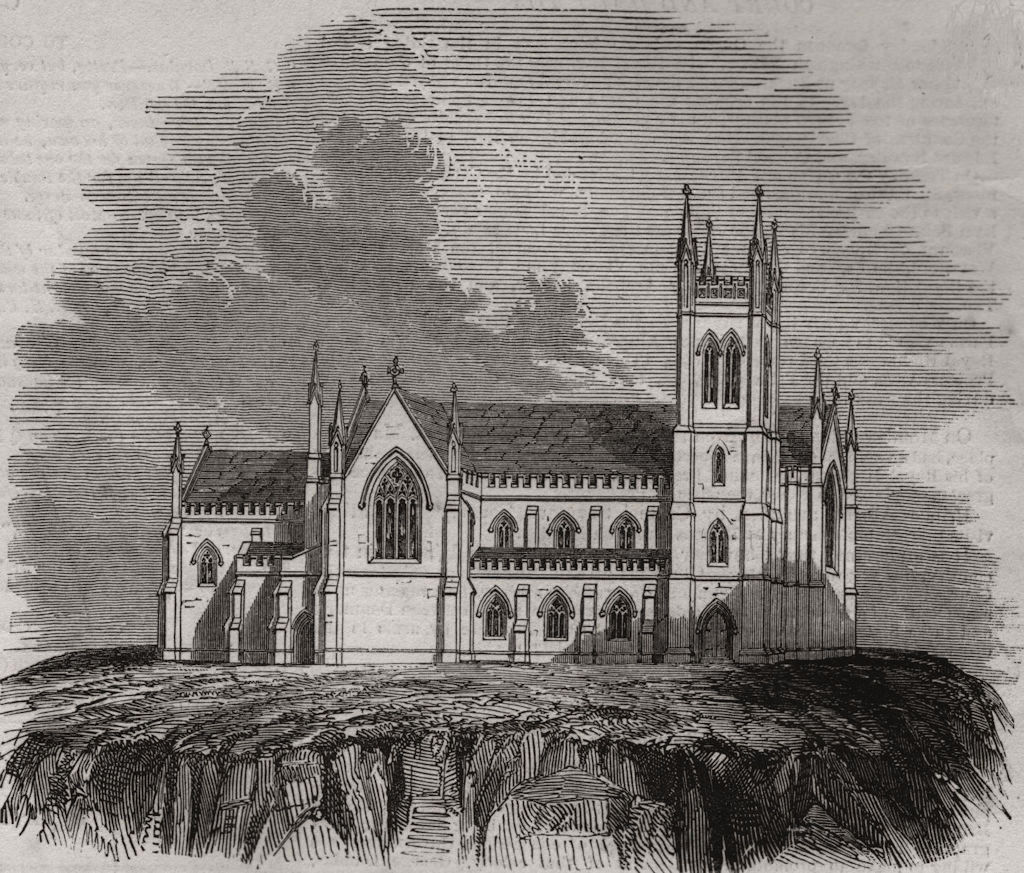 Ballymodan Church, in course of erection at Bandon. Ireland, antique print, 1849