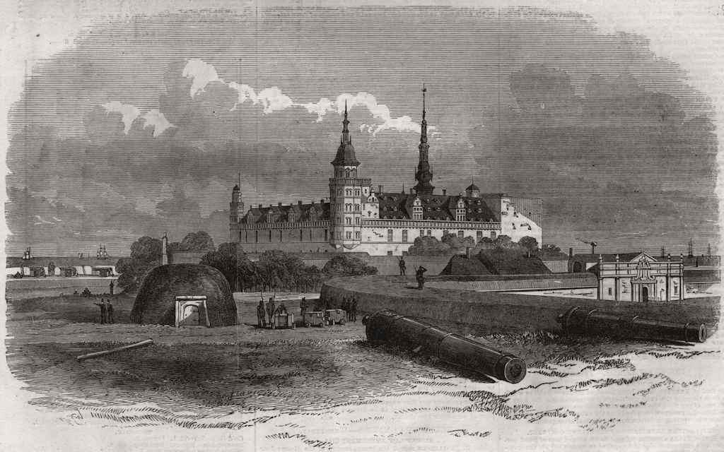 Kronborg Castle, Elsineur, entrance of the sound. Denmark 1854 old print