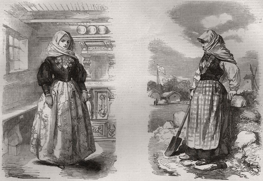 Associate Product Danish Costumes. Holiday dress, Laso; Everyday dress, Laso. Denmark, print, 1857
