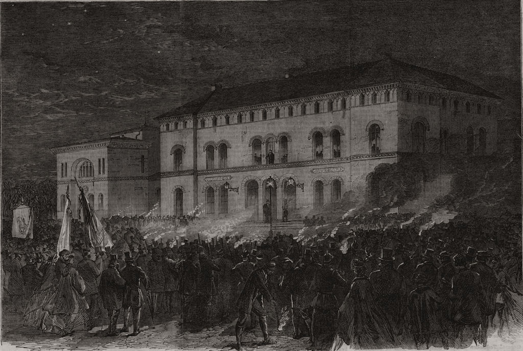 Torchlight welcome to Prince Frederick in Kiel at the Railway Hotel 1864 print