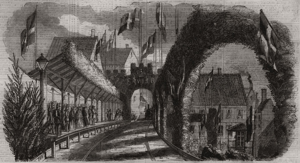 Railway station, Flensburg. Schleswig-Holstein 1854 old antique print picture