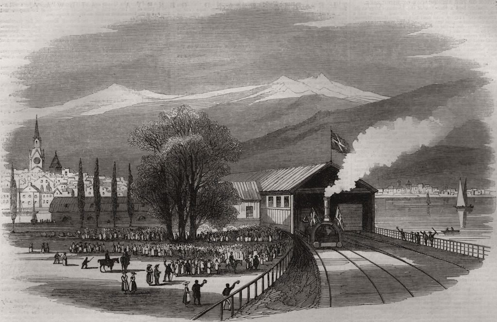 Associate Product Berne & Geneva Railway. Yverdun station, on Lake Neuchatel. Switzerland, 1855