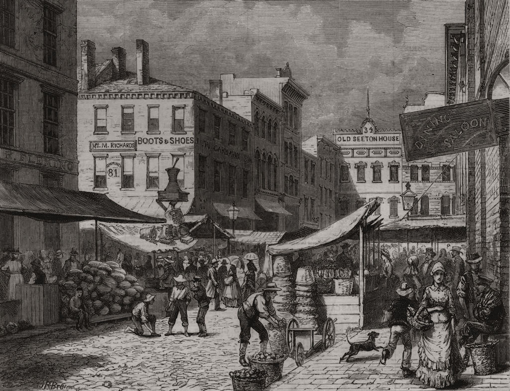 Associate Product Pittsburg. A fruit market at Pittsburg. Pennsylvania, antique print, 1876