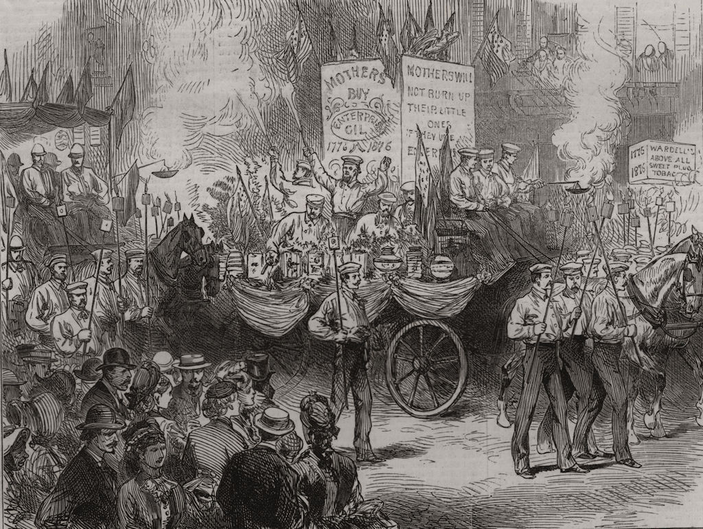 Associate Product Torchlight procession in Philadelphia. Pennsylvania, antique print, 1876