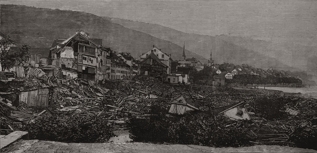 Disaster at Zug, Switzerland: fall of houses into the lake, antique print, 1887