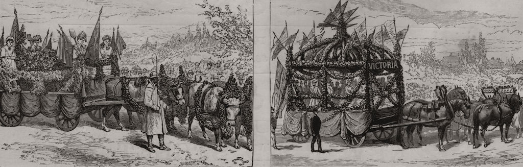 Associate Product Queen Victoria's Jubilee Festival at Malvern floral cars drawn oxen horses, 1887