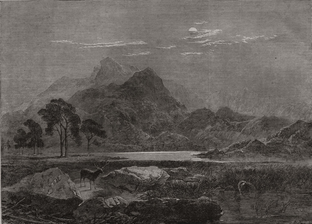 "Loch Ericht - a bright night". Scotland, antique print, 1864