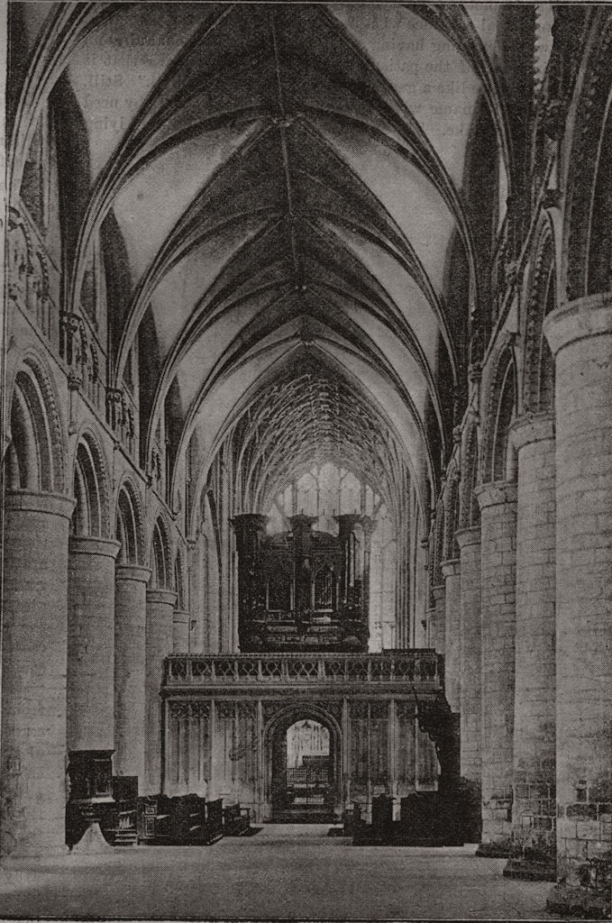 Interior of nave, looking east. Gloucester 1892 old antique print picture