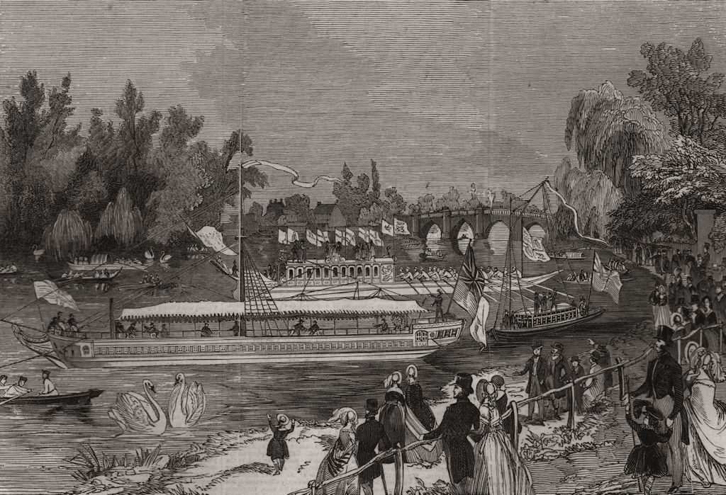 "Swan-Upping" on the Thames. London, antique print, 1844