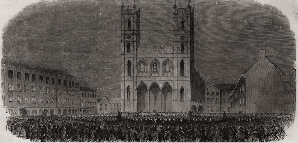 Associate Product Torchlight procession in the Place d'Armes at Montreal. Quebec, old print, 1850