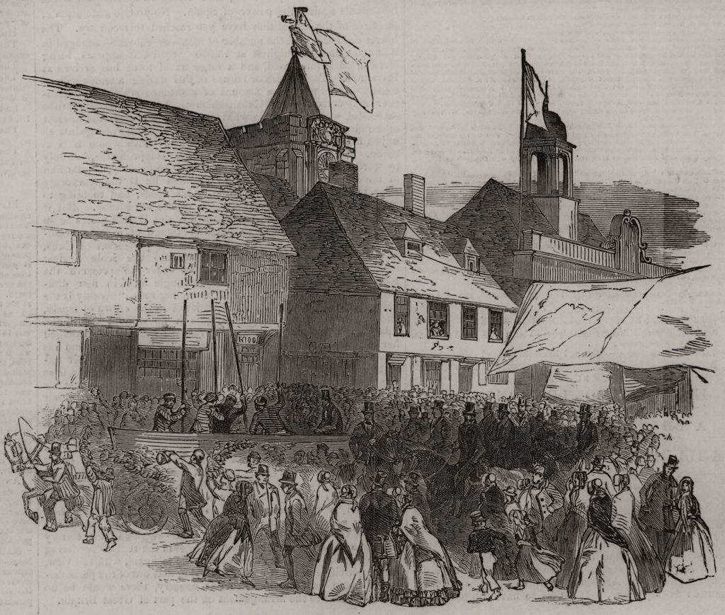 Lord Mayor of London procession near the church, at Rye. Sussex, old print, 1850