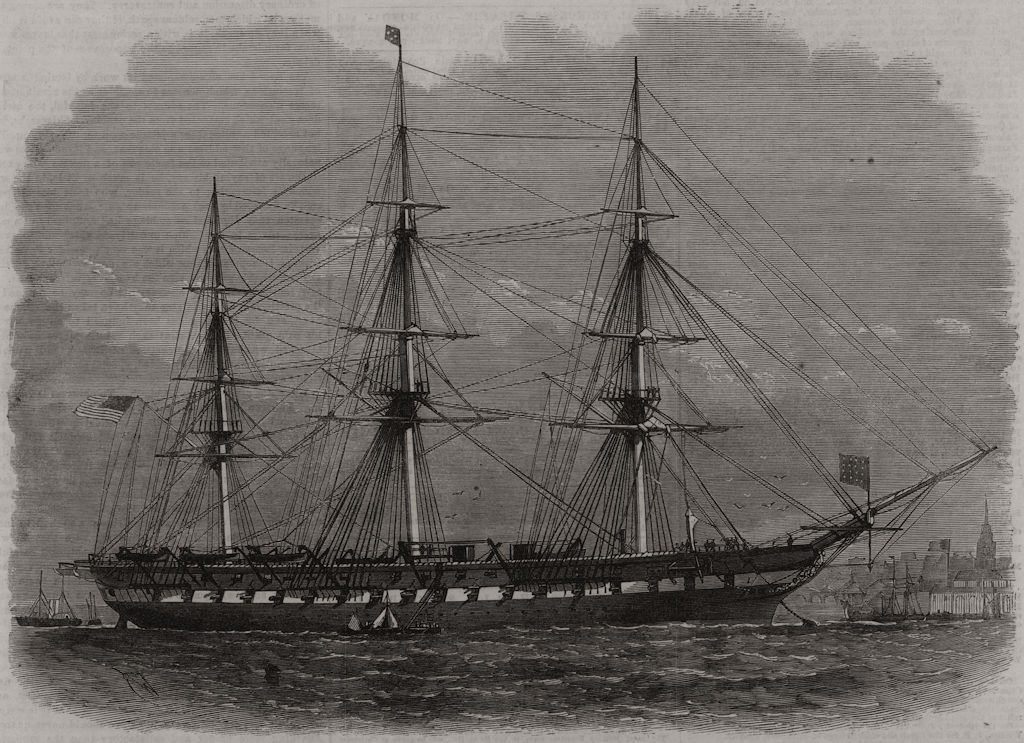 The American frigate Franklin lying off Gravesend. Kent, antique print, 1867