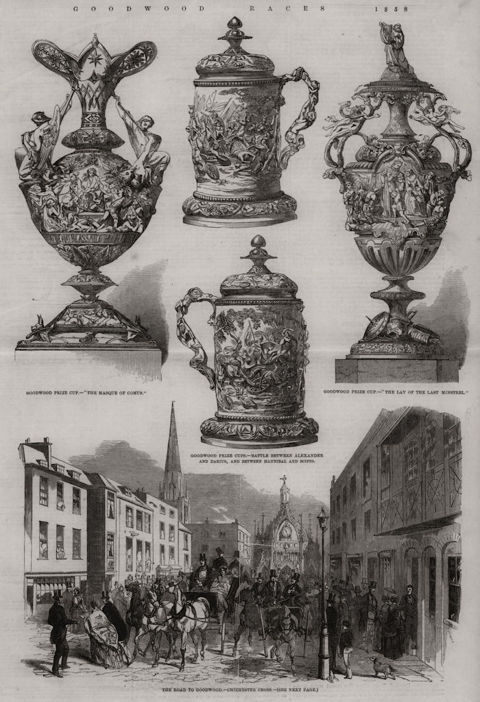 Associate Product Goodwood Races: Prize Cups. The Road To Goodwood. Chichester Cross. Sussex, 1858