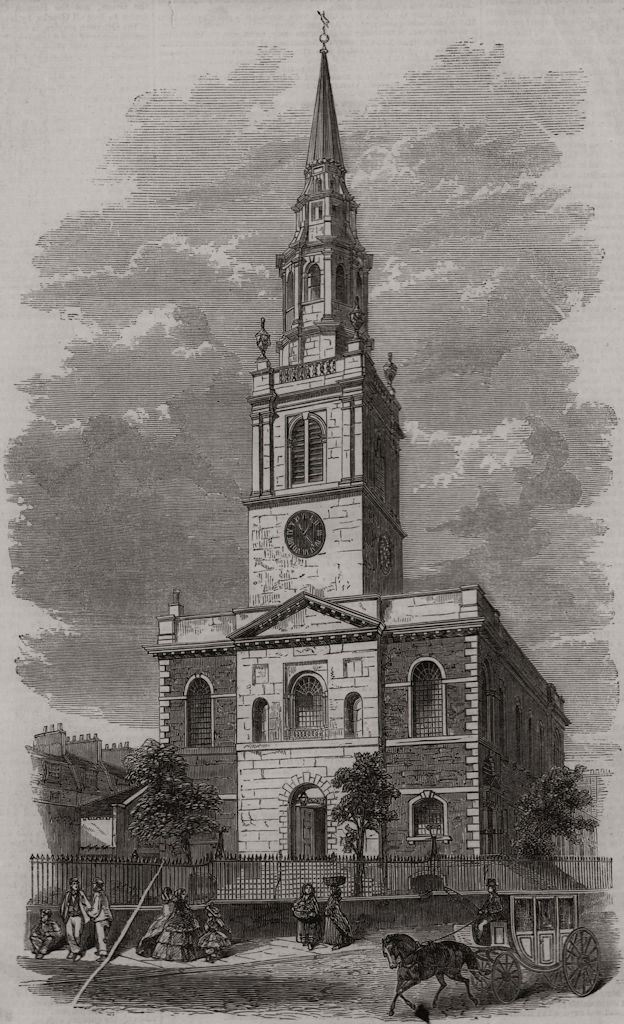 Exterior of St. James's church Clerkenwell. London, antique print, 1858
