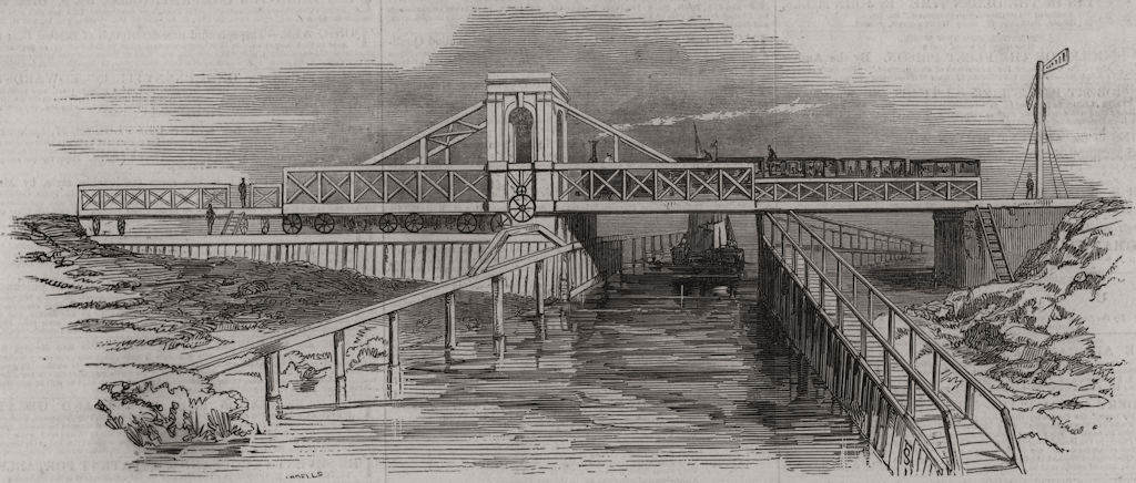Railway " Telescope " drawbridge over the Arun. Sussex 1846 old antique print