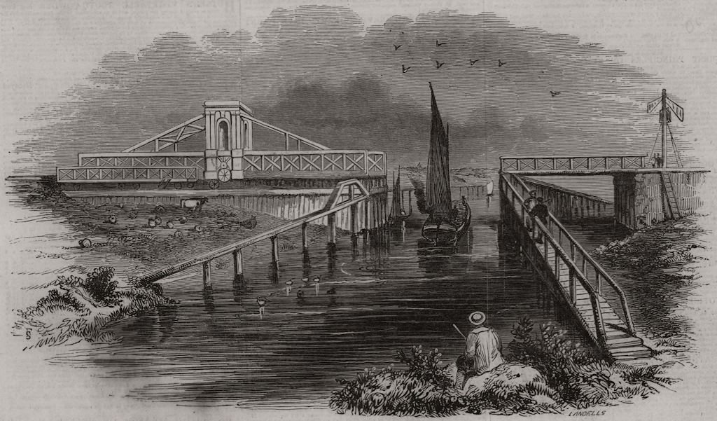 The drawbridge open. Sussex 1846 old antique vintage print picture
