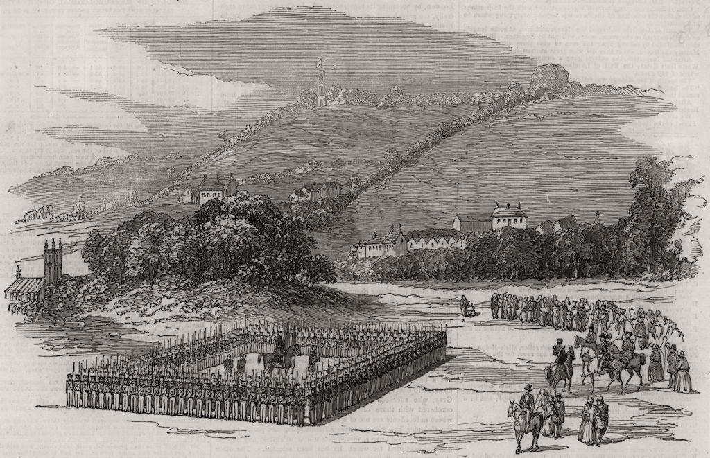 Associate Product Inspection of the Second Royal Surrey Militia, at Guildford, antique print, 1854