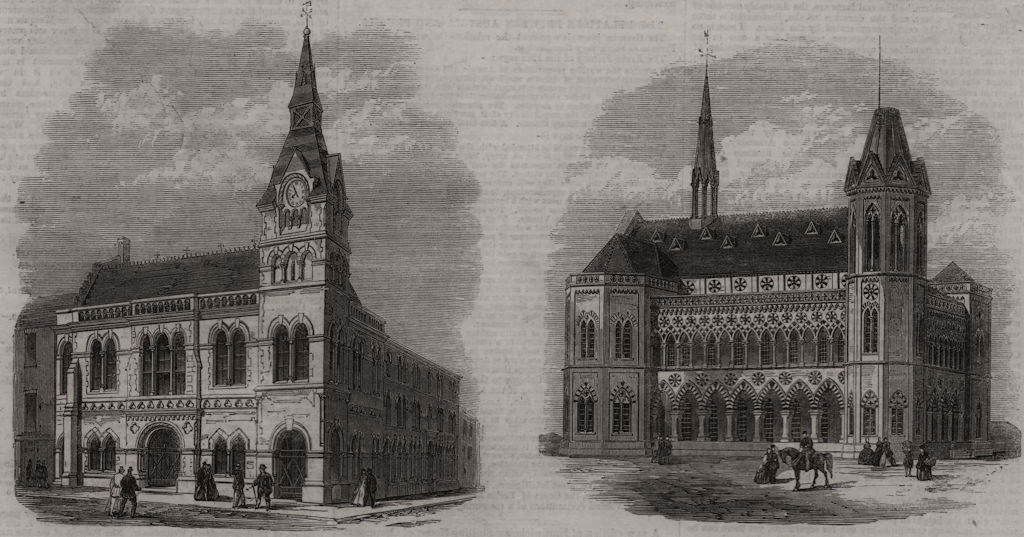 Associate Product Townhall & Corn-Exchange, Farnham, Surrey. Frere Hall, Karachi, old print, 1866