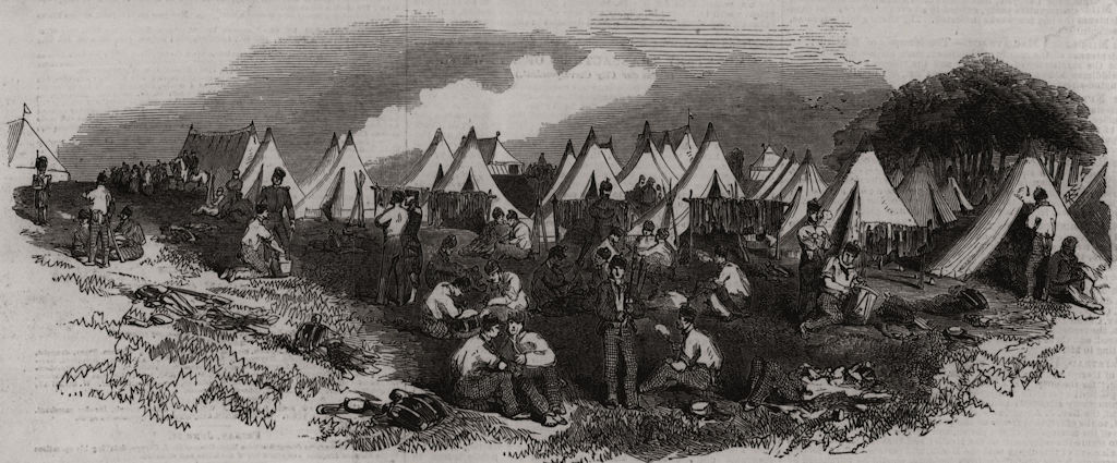 The camp at Chobham: Highlanders cleaning accoutrements. Surrey 1853 old print