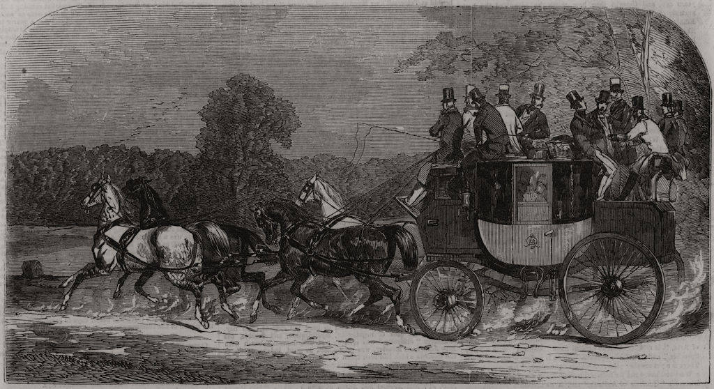 Epsom Races: The road: " The Four-in-Hand ". Coach. Surrey 1857 old print