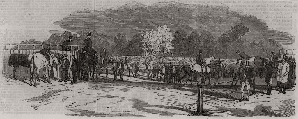 Associate Product Epsom Races: The course: coming from the paddock. Surrey 1857 old print