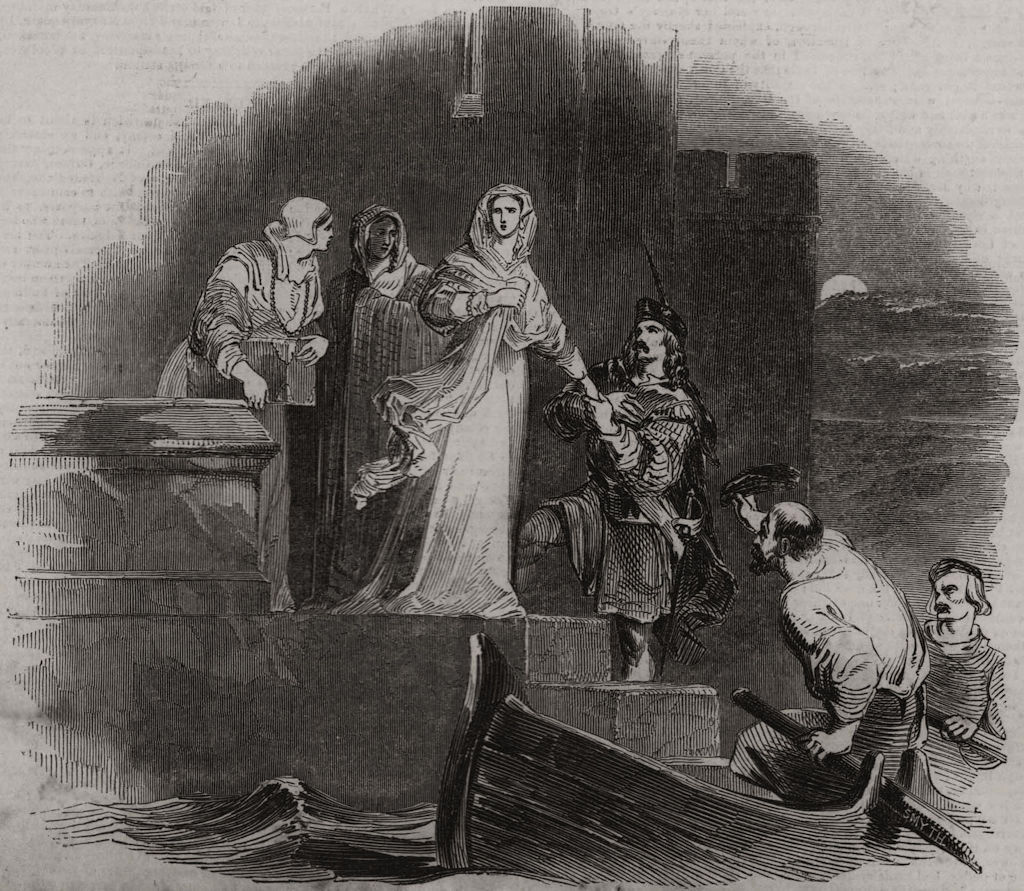 Escape of Mary Queen of Scots from Loch Leven Castle. Scotland, old print, 1844