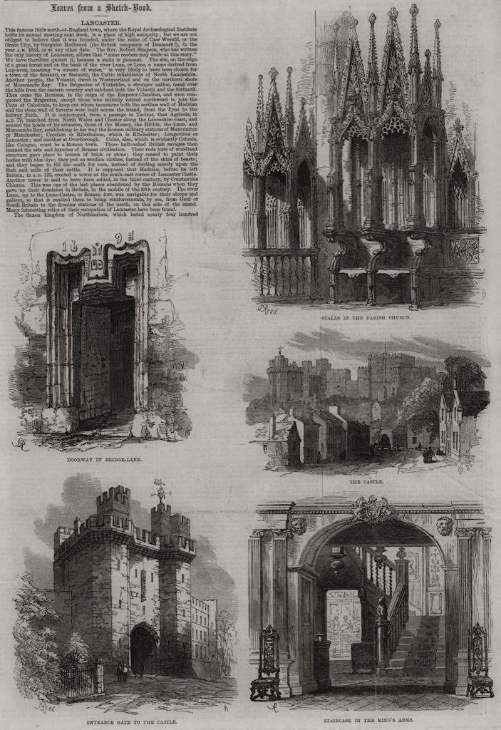 Lancaster: parish church, Bridge Lane, Castle, King's Arms 1868 old print