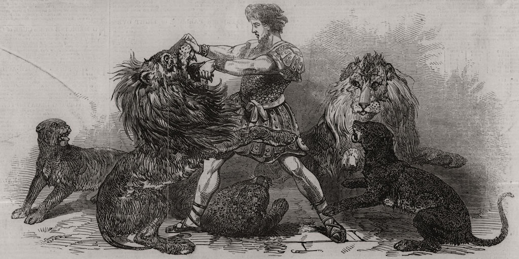 Associate Product Van Amburgh at Vauxhall Gardens. Lion tamer. London, antique print, 1848