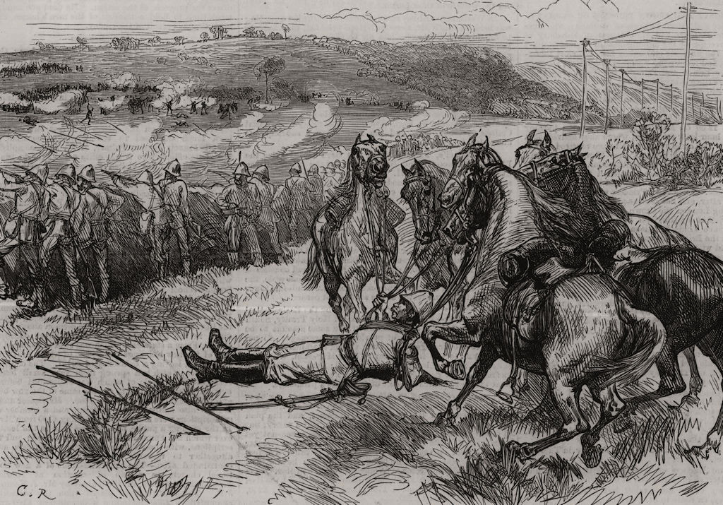 Kaffir War: The Diamond Fields Horse in action. South Africa 1878 old print